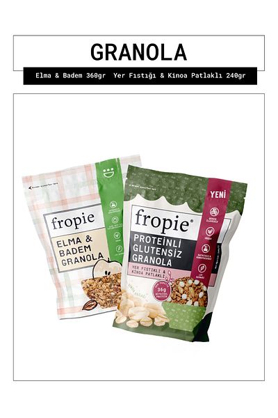 FROPİE Fropie Apple Almond and Protein Gluten Free Granola with Ground Pistachio Quinoa Flakes Package