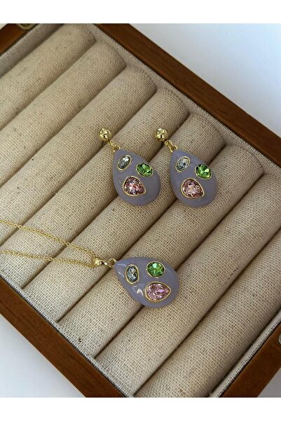 MyladyAccessoriess Porselen Ve Swaroski Taş Detaylı Damla Model Set Beyaz