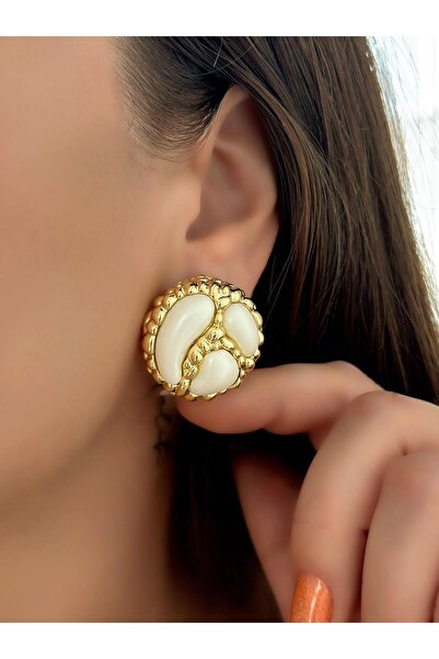 MyladyAccessoriess Minimal Topçuk Plaka ve Sedef Taş Detaylı Vintage Çelik Küpe