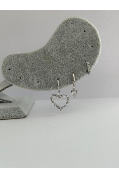 MyladyAccessoriess Kırık Baget Taş Detaylı Kalp ÜçlÜ Set Küpe