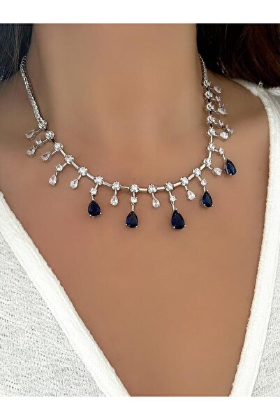 MyladyAccessoriess 22K Altın Kaplama Lacivert Damla Taş ve Zirkon Taş Detaylı...