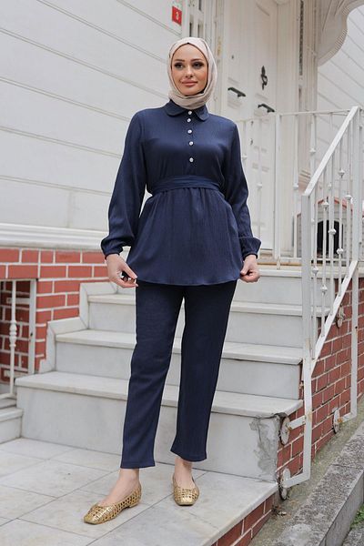 MİSSKAYLE Σετ με λεπτομέρεια με πέτρινο κουμπί Navy Blue