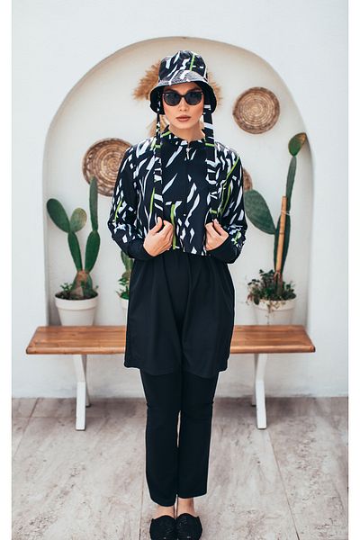 MASSMİZO Zebra Lime Women's Short Patterned Zippered Full Covered Hijab Swimsuit Set of 3