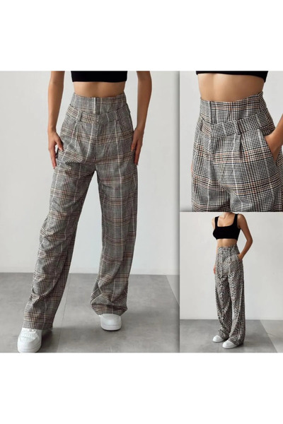 Shloe Yüksek Bel Palazzo Pantolon Trend Ekoseli Kahve