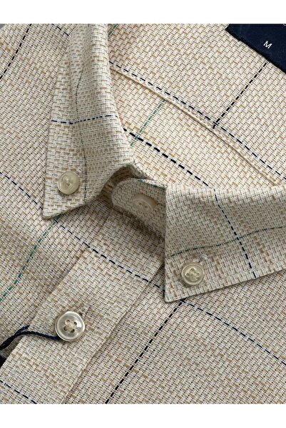 KAMER Men Regular Fit Short Sleeve 100% Cotton Button Collar Single Pocket Beige Shirt 9385E