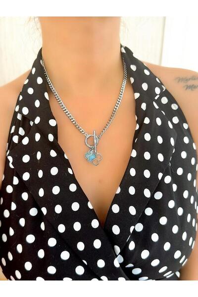 MyladyAccessoriess Mavi Cam Taş Detaylı Yonca Model Kolye Gümüş