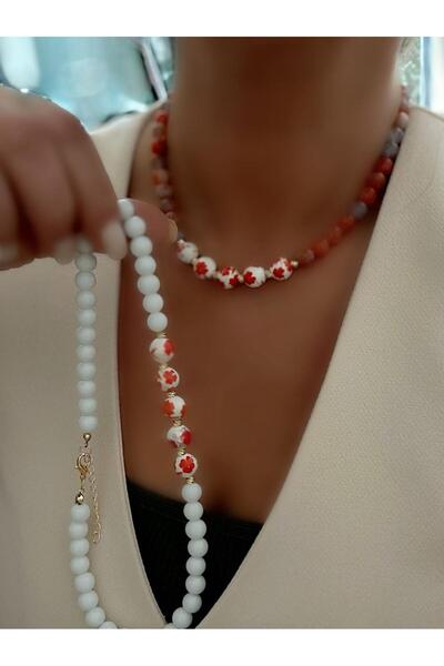 MyladyAccessoriess Çiçek Detay Boncuk Kolye Beyaz