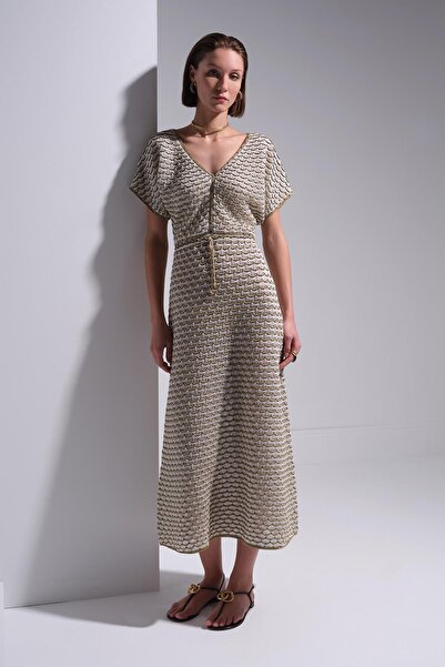 JOIN US V-Neck Beige Midi Dress with Elastic Waist