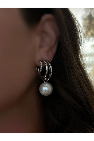 MyladyAccessoriess Silver Brass Earrings - 3 Rows of Hoops and Pearl Detail