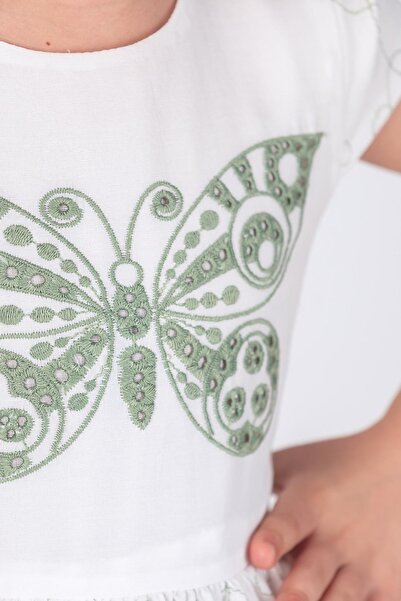 Tivido Butterfly Embroidered Short Sleeve Girl's Brode Dress - Khaki