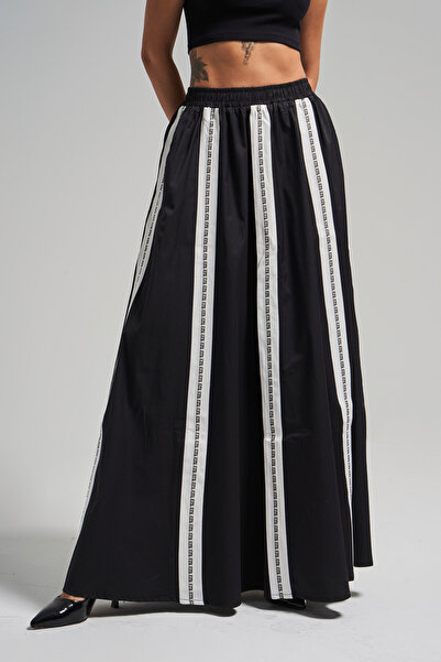 its basic Women's Black Color Super Long Stripe Detailed Special Design Skirt