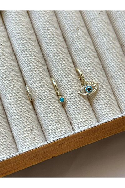 MyladyAccessoriess أقراط ذهبية اللون بحجر الزركون الثلاثي وتفاصيل العين