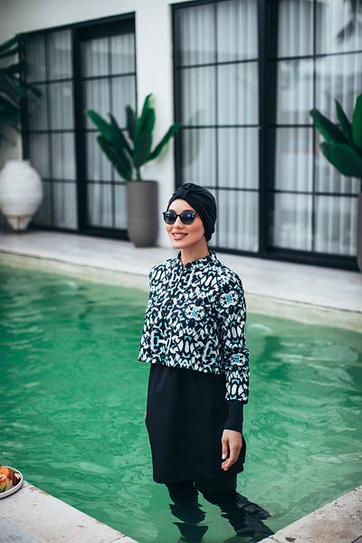 MASSMİZO Mozaic Women's Short Patterned Zippered Full Covered Hijab Swimsuit Set of 3