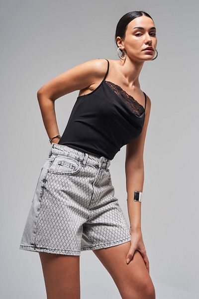 its basic Women's Gray Color T-4S5-12 Shiny Stone Mom Fit Midi Length Design 100% Cotton Denim Shorts