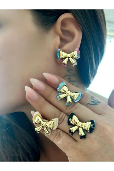 MyladyAccessoriess Black Acrylic Bow Earrings - Brass Detailed