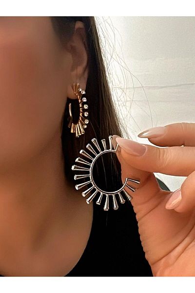 MyladyAccessoriess Special Series Bar Plate Ends Stone Detailed Hoop Earrings Silver