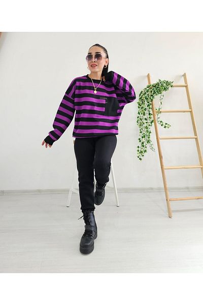 6 butik altı üstü butik Hanorac cu detaliu de buzunar în dungi