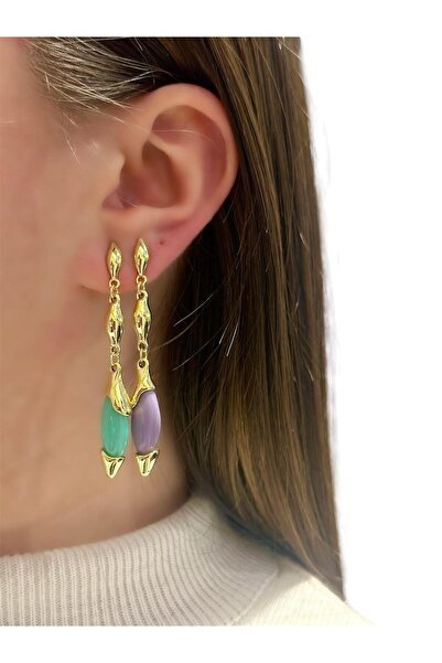 MyladyAccessoriess Mineli Sallantılı Gold Çelik Küpe Mor