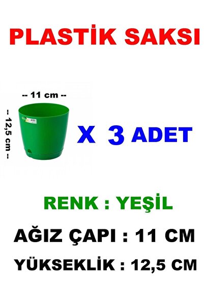 Plastik Saksı X 3 Adet - Renk Yeşil 0.8 Litre Ağız Çapı 11 Cm Yükseklik 12.5 Cm