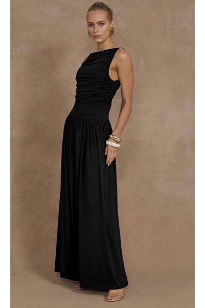 Madmext Siyah Önü Dökümlü Uzun Boy Kadın Elbise Mg2364