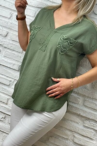 Bİ.GİYSEN Kadın Yeşil Omzu Ve Cebi Güpürlü Keten Kumaş Kısa Kol Buluz Gömlek