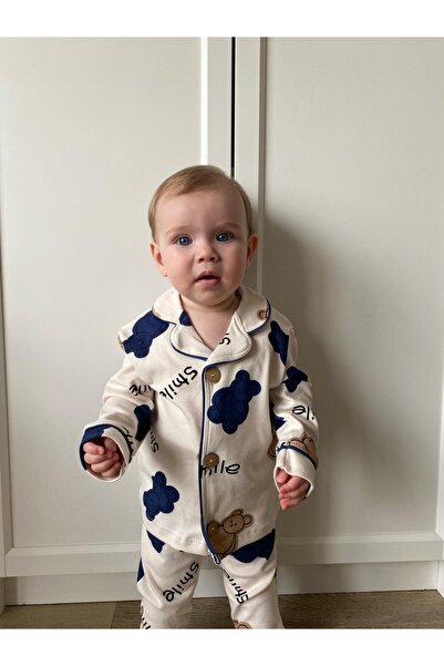 Minizade Hello Smile Bear Bebe Yakalı %100 Pamuk Yumuşacık Kumaş 2'li Pijama Takım