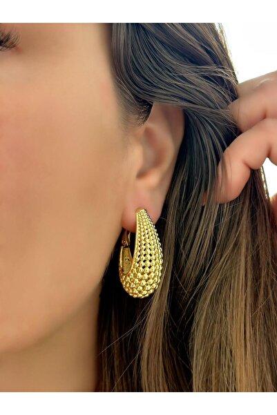 MyladyAccessoriess Bombeli Oval Topçuk Detaylı Çelik Halka Küpe