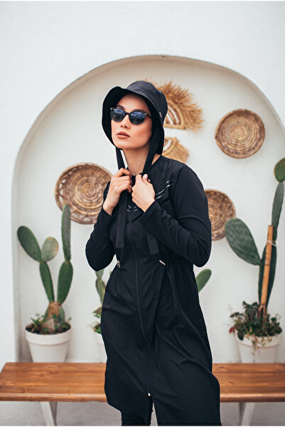 MASSMİZO Μαύρη Περλ Γυναικείο Μακρύ Αλεξίπτωτο Υφασμάτινο Σετ μαγιό με φερμουάρ και κάλυμμα για το πλήρες κλειστό σετ 3