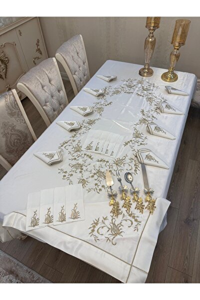 incisecrethome طقم مفرش طاولة قطني مطرز بالذهب (1 مفرش طاولة + 12 منديل + 12 حامل ملعقة)