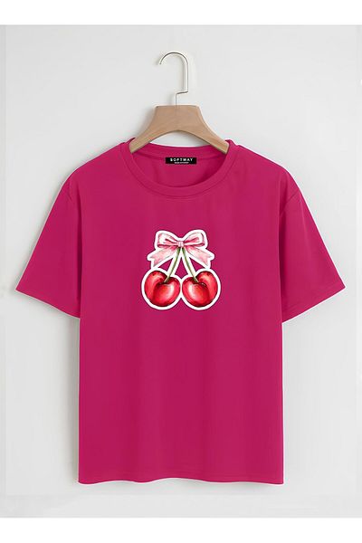 SOFTWAY Unisex Oversize Ποδηλατικό T-Shirt Cherry Printed - Φούξια