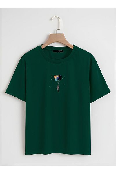 SOFTWAY Unisex Organik Oversize Balloon Astronaut Printed Basic T-shirt - σκούρο πράσινο