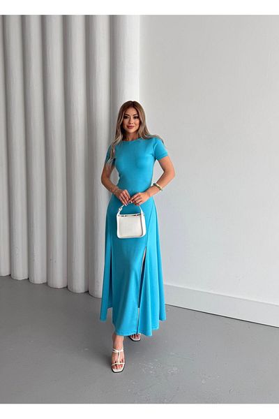 BUKETLİ Women's Crew Neck Lycra Slit Detail Open Back Combed Cotton Flared Dress