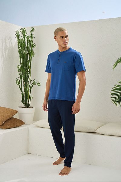 KLY 100% Cotton Batta Size Collar Three Button Short Sleeve Men's Pajama Suit