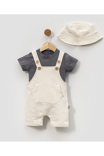 Bolly Baby 100% Cotton Salopet with Bucket Hat, Short Sleeve T-Shirt with Snap Fastener on the Shoulder, Summer Baby Boy Suit