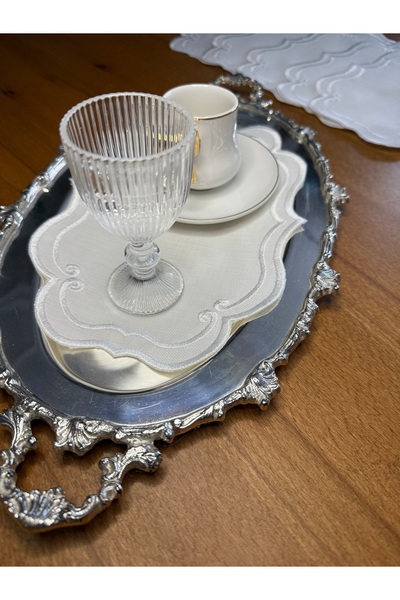 Smiling Home 6 Pieces Linen Ecru Color Ivy Patterned Tray Cover