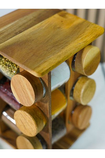 Mirilliahome Natural Acacia Wood Spice Rack Set of 12 with Rotating Stand
