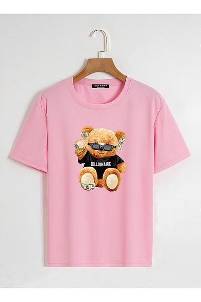 SOFTWAY Unisex Oversize Crew Neck Billionaire Basic T-Shirt με στάμπα - ΡΟΖ