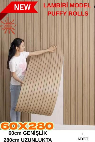 Renkli Duvarlar 60cm x 280cm 1 Adet Yapışkanlı Açık Kahverengi Lambiri Desenli Akustik Duvar Paneli Kağıdı YG005