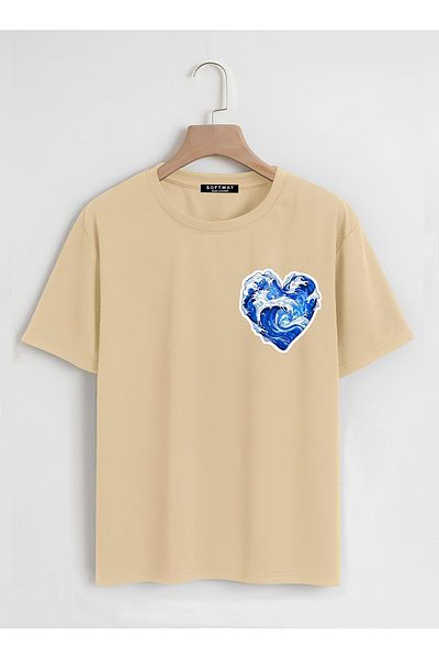 SOFTWAY Unisex Oversize Crew Neck Ocean Heart Printed Basic T-Shirt - ΜΠΕΖ