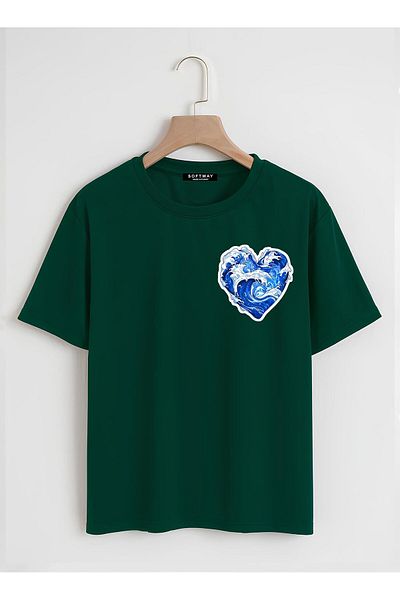SOFTWAY Unisex Organik Oversize Ocean Heart Baskılı Basic T-shirt - Κόκκινο Πράσινο