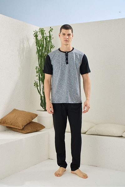 KLY King Size Collar 3 Buttoned Cotton Short Sleeve Men's Pajama Suit