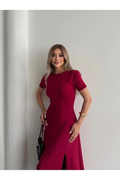 BUKETLİ Women's Crew Neck Lycra Slit Detail Open Back Combed Cotton Flared Dress