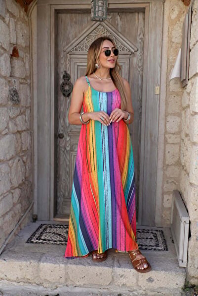 QİMYA BUTİK Γυναικείο Πολύχρωμο Ριγέ Φόρεμα με λεπτό ρυθμιζόμενο λουράκι σε μ...