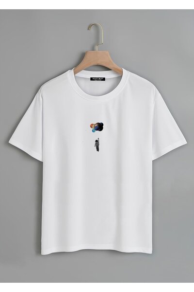 SOFTWAY تي شيرت أساسي مطبوع عليه رائد فضاء بالون عضوي كبير الحجم للجنسين - أبيض