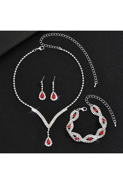 Choice 6625-3-Red 3 Pcs Luxury Rhinestone Bride Jewelry Set for Women Black Water Drop Crystal Earrings Wed