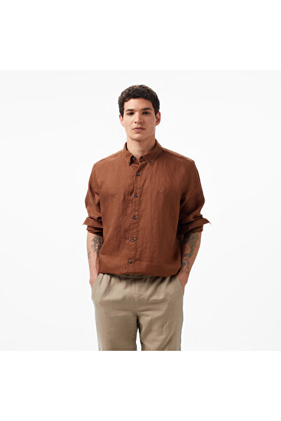 Nautica Erkek Kahverengi Classic Fit Uzun Kollu Keten Gömlek