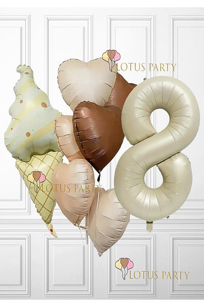 LOTUS PARTY Σετ μπαλόνι με θέμα ρετρό παγωτό - Ρετρό παγωτό - Μπαλόνι με φύλλο καφέ καρδιάς - Κρέμα Αριθμός Ηλικίας