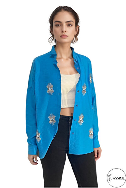 Cassime Жіноча сорочка з довгими рукавами Oversize з вишивкою «Turkuaz Göz Na...