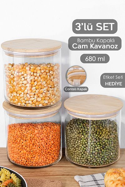 Meleni Home Bamboo Lid Glass Jar - 680 ml Vacuum Pill Pulses Ration Set 3 Pieces