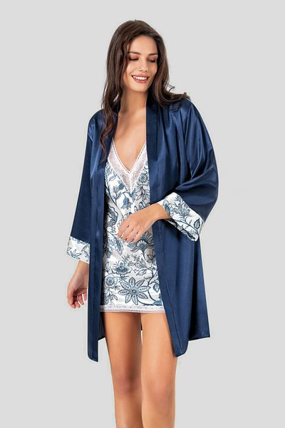 Trendyol Collection Marineblaues 2er-Pack gewebter Morgenmantel + Nachthemd aus Satin mit Blumenmuster THMSS25GC00025